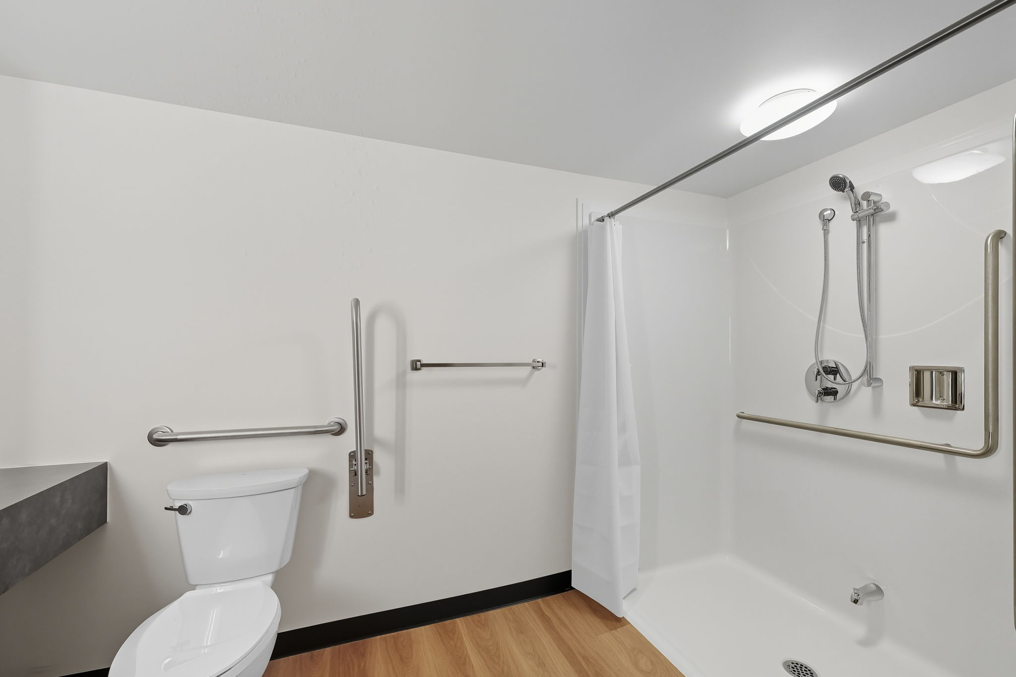 Grab bars and roll-in shower