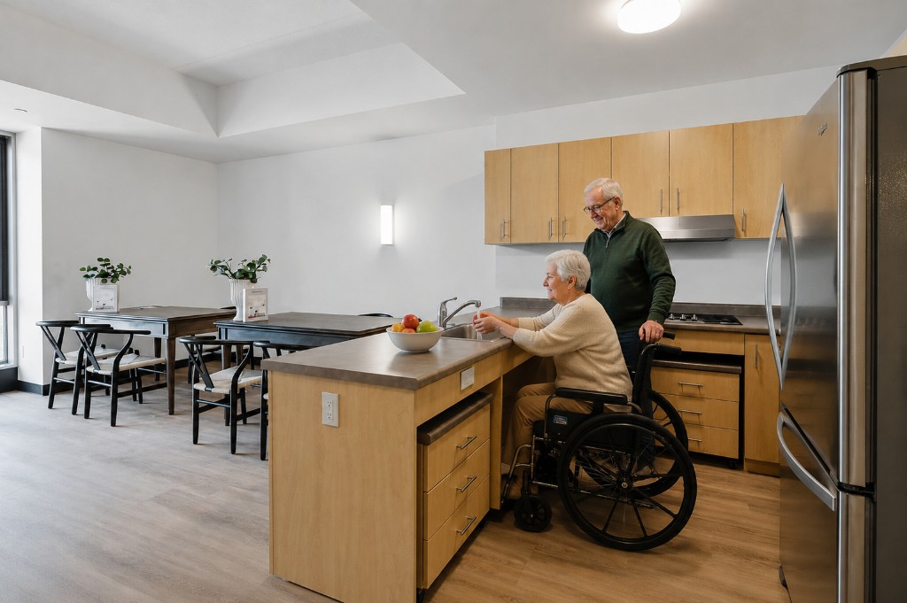 Accessible kitchen with lowered sink, roll-under clearance, and open layout for wheelchair access