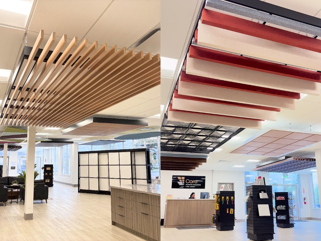 Acoustic baffles and wood-slat ceiling features in a commercial showroom