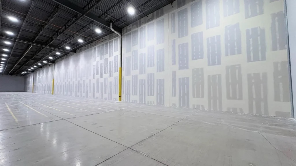 Finished drywall wall in a large commercial warehouse with polished concrete floor