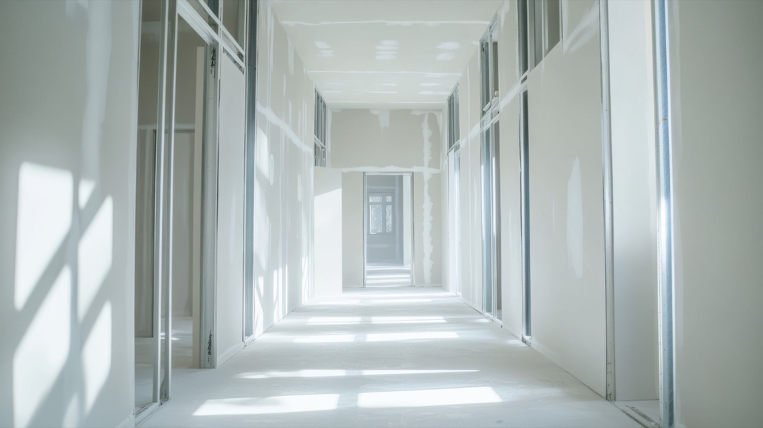 Commercial corridor with hung drywall, steel framing, and sunlight on the floor