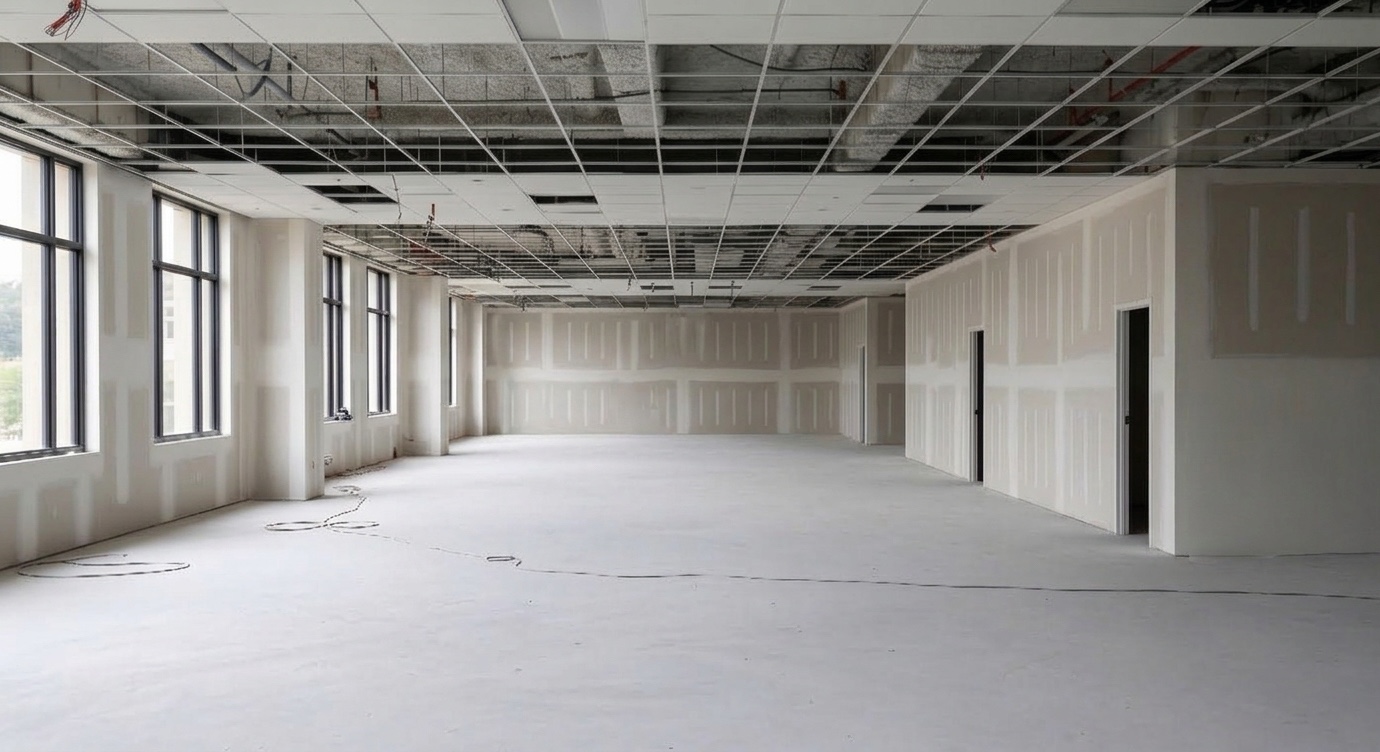 Commercial office fit-out with hung drywall and an open ceiling grid