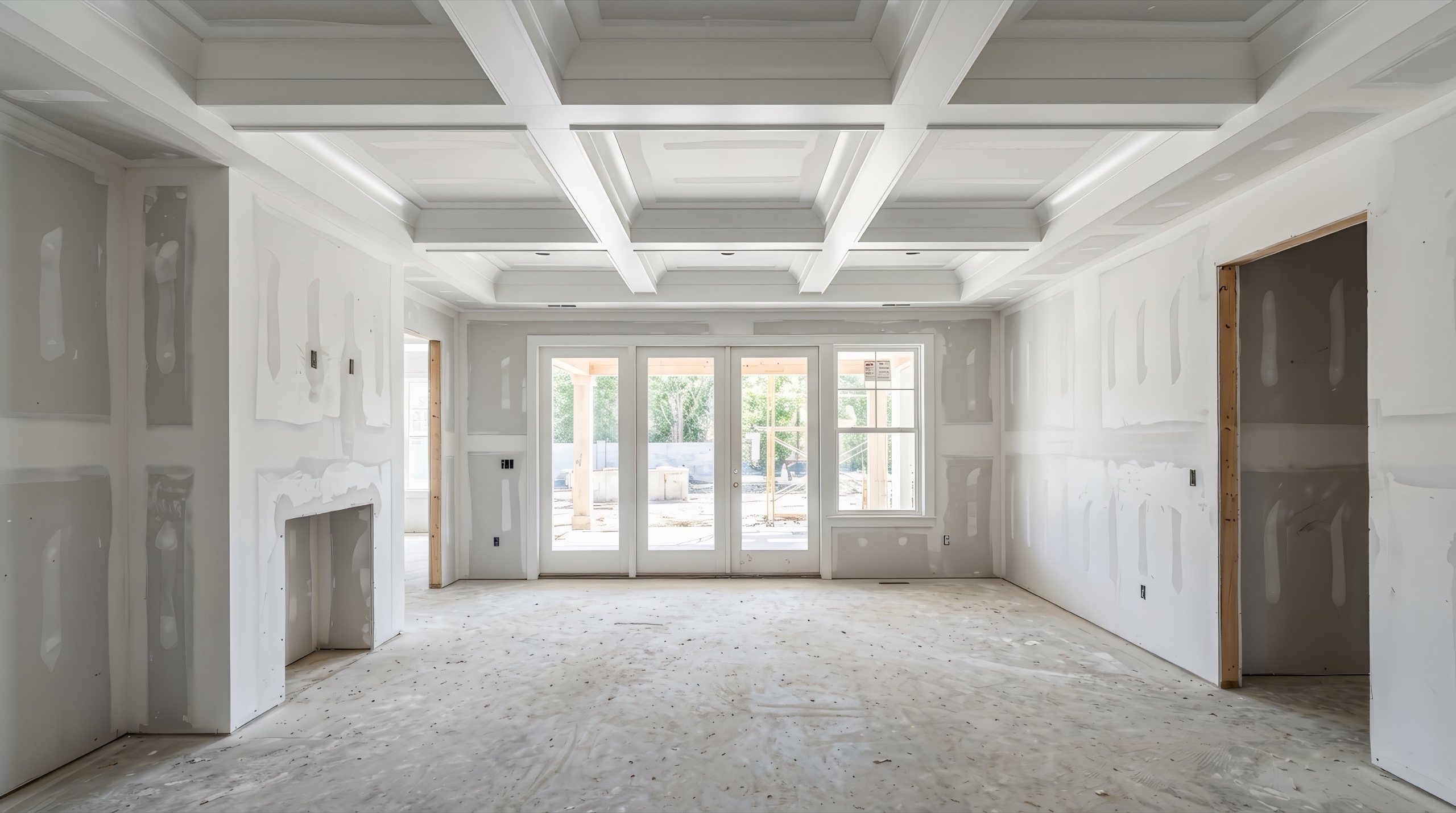 Residential living room with finished drywall, fireplace, and coffered ceiling