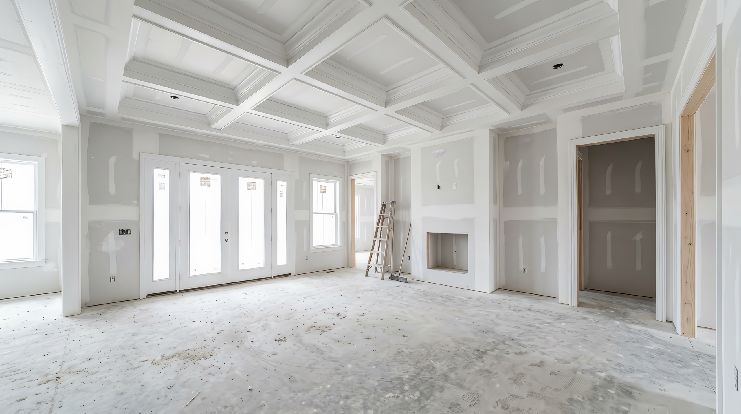 Residential living room with coffered ceiling, taped drywall, and French doors