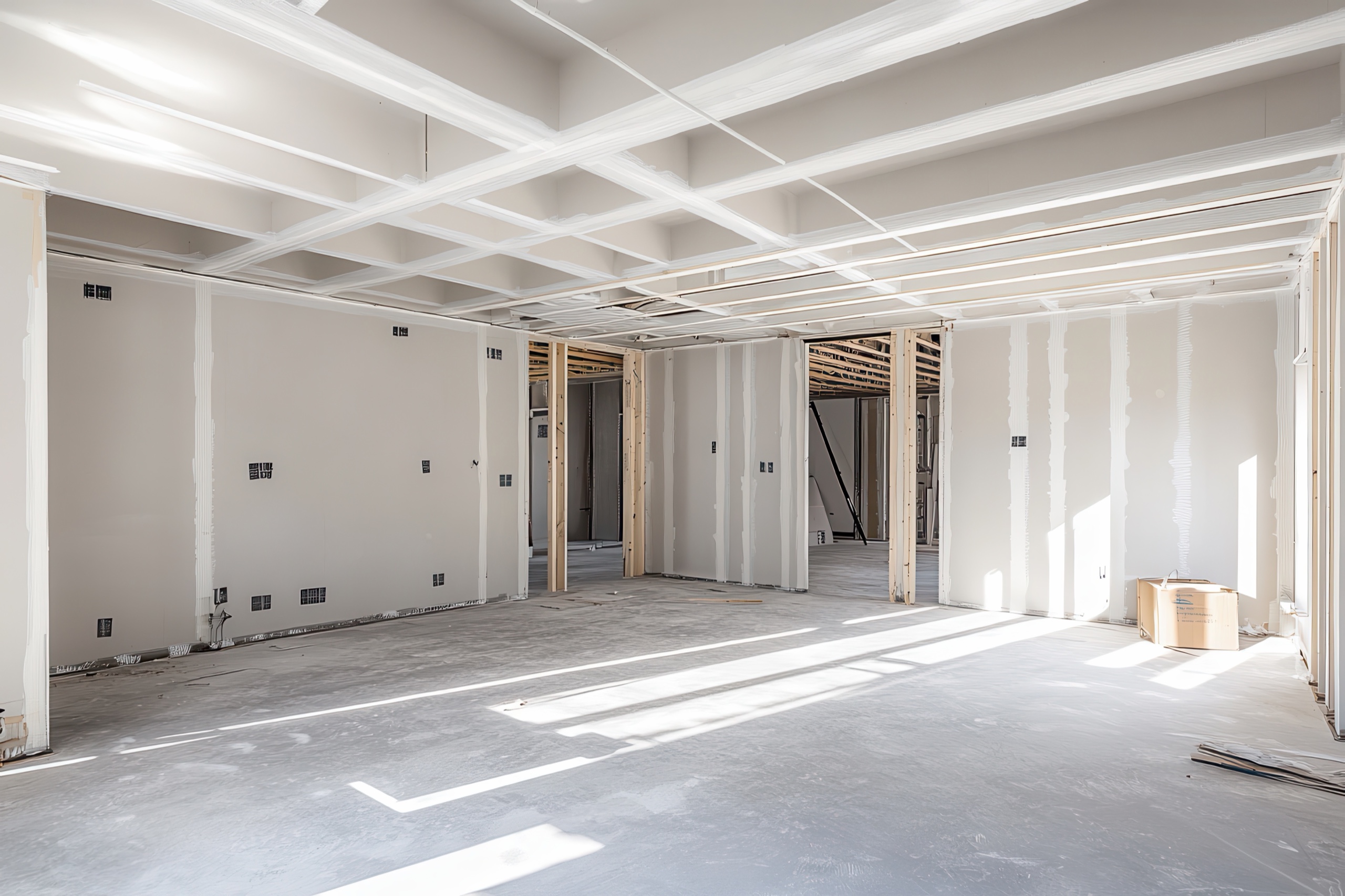 Residential interior with taped drywall partitions and a ceiling grid in progress