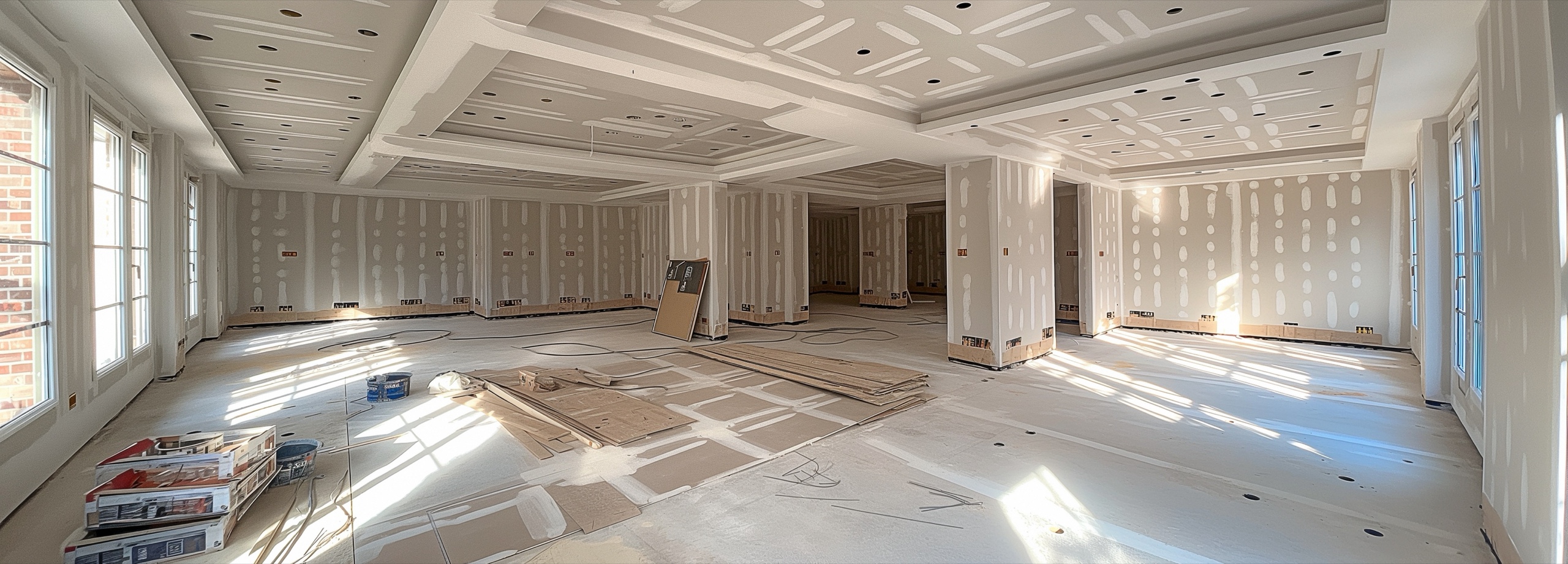 Open residential interior with finished drywall walls, columns, and coffered ceiling