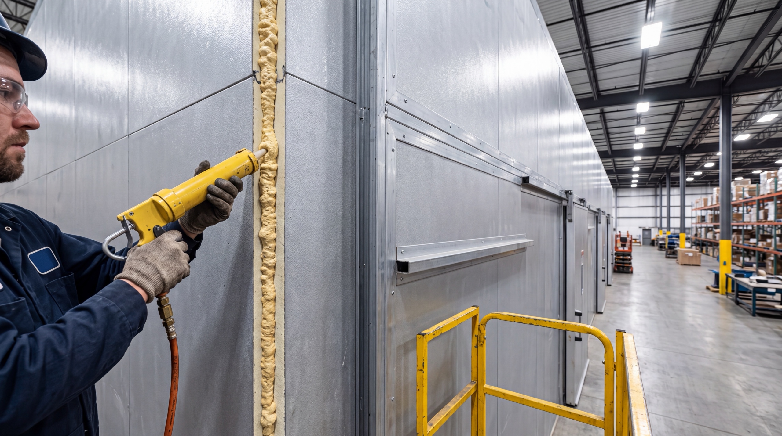Air sealing applied to an insulated commercial enclosure inside a warehouse