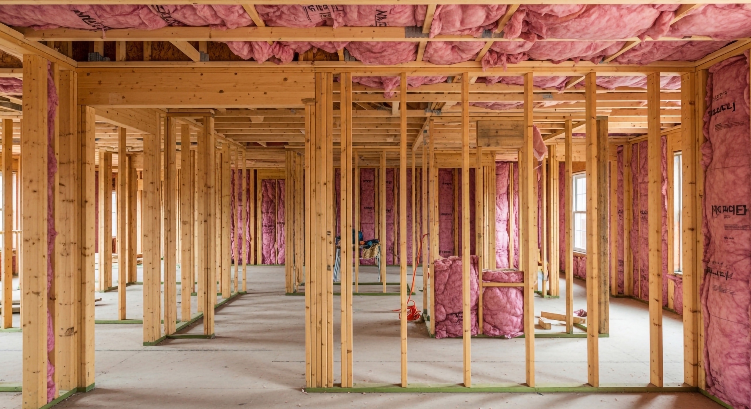 Fibreglass batt insulation installed in a wood-framed residential interior