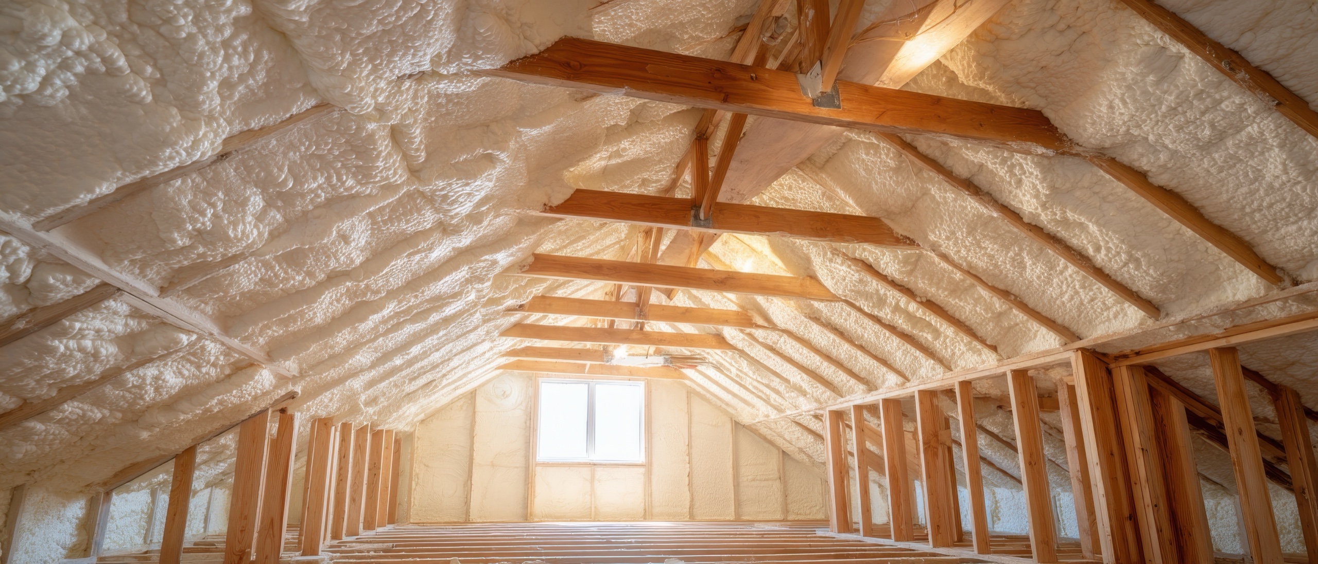 Spray-foam insulation applied throughout a residential attic and roof assembly