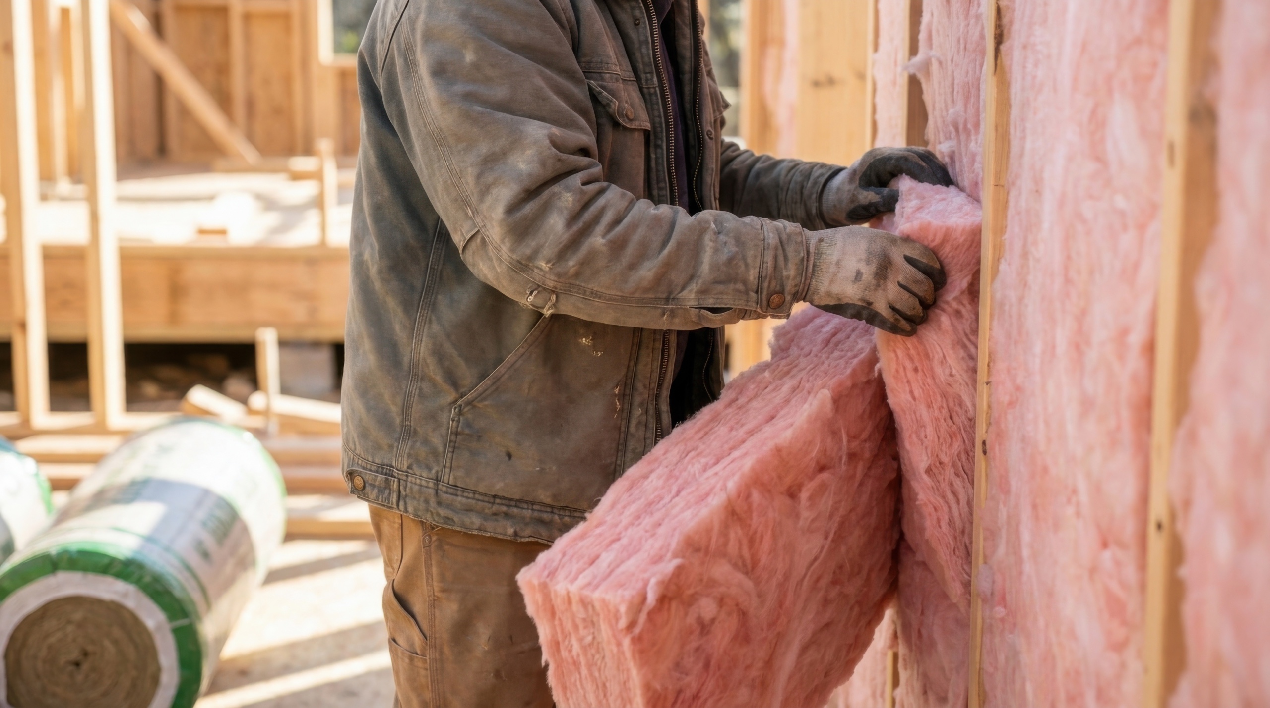 Installer fitting fibreglass batt insulation between wood wall studs