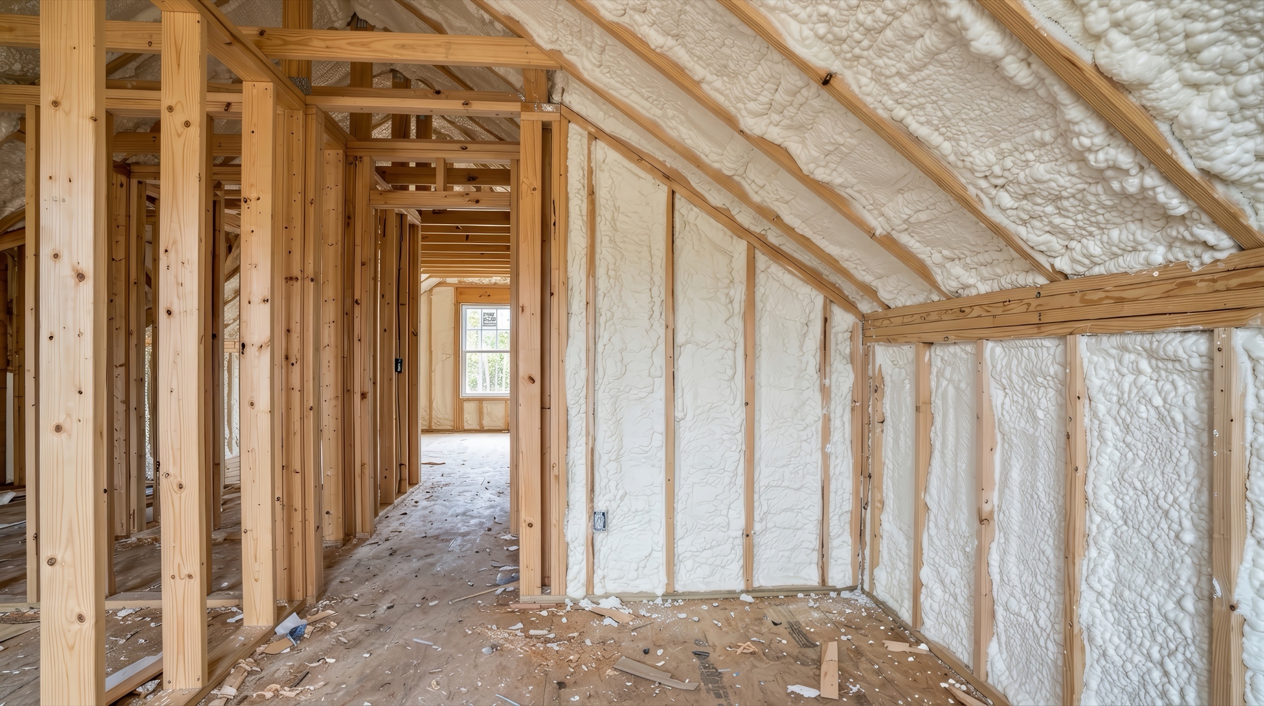 Spray-foam insulation applied to residential walls and a sloped roof