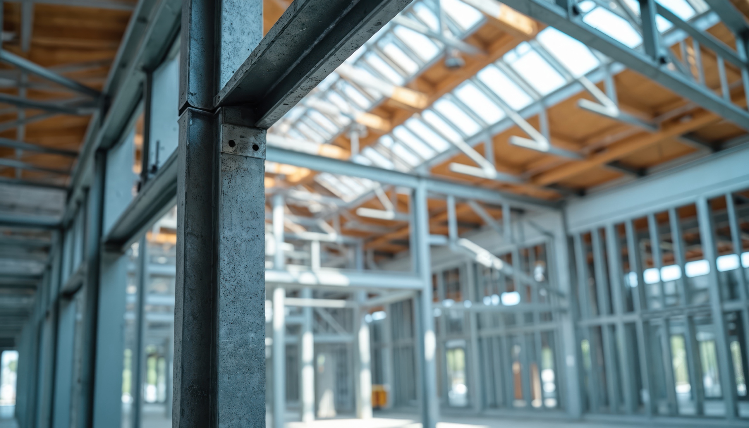 Close view of steel framing within a commercial interior under construction