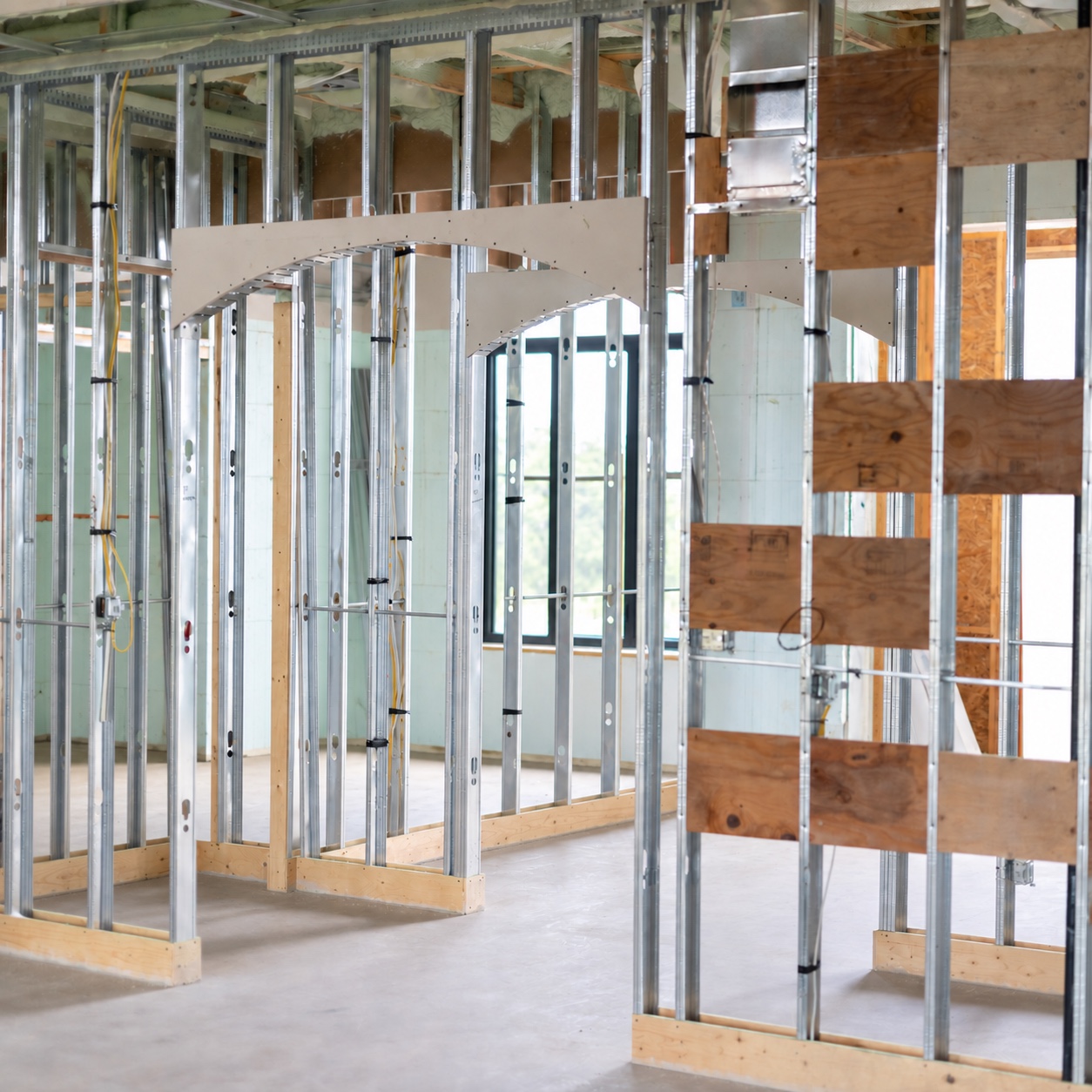 Residential steel stud framing with arched openings and routed wiring
