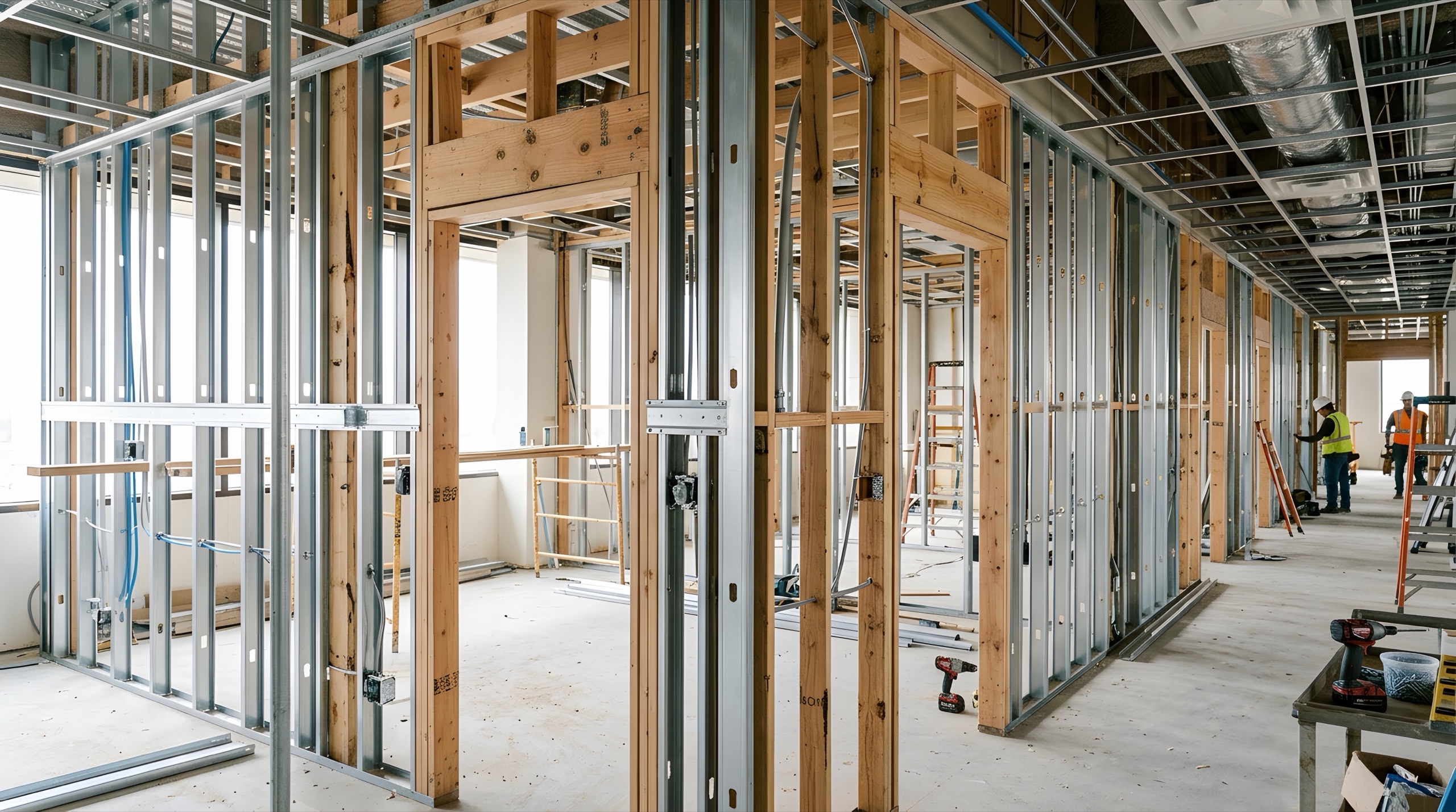 Steel stud partitions integrated with wood framing in a multi-residential interior