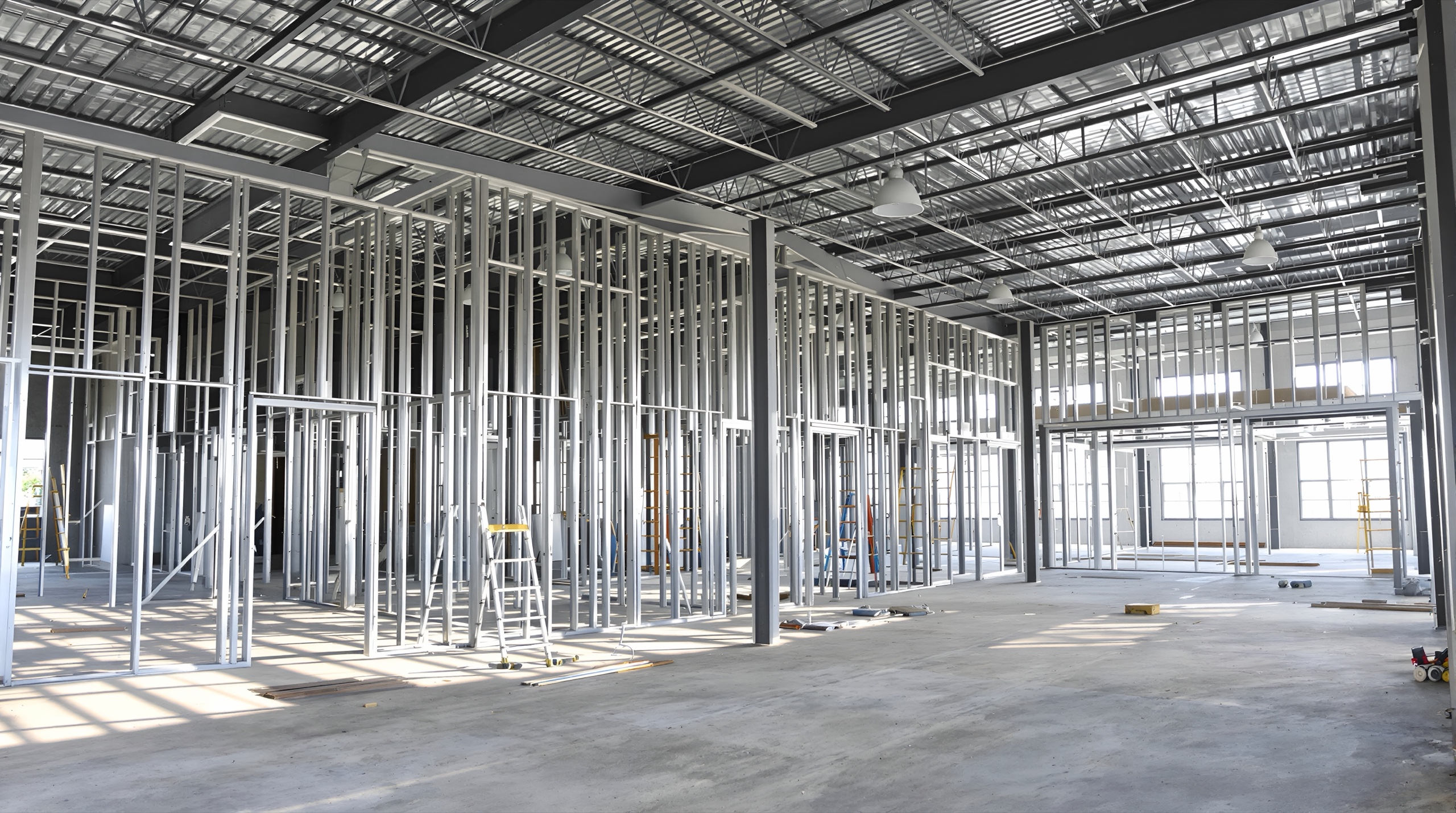 Commercial interior with extensive light-gauge steel stud framing