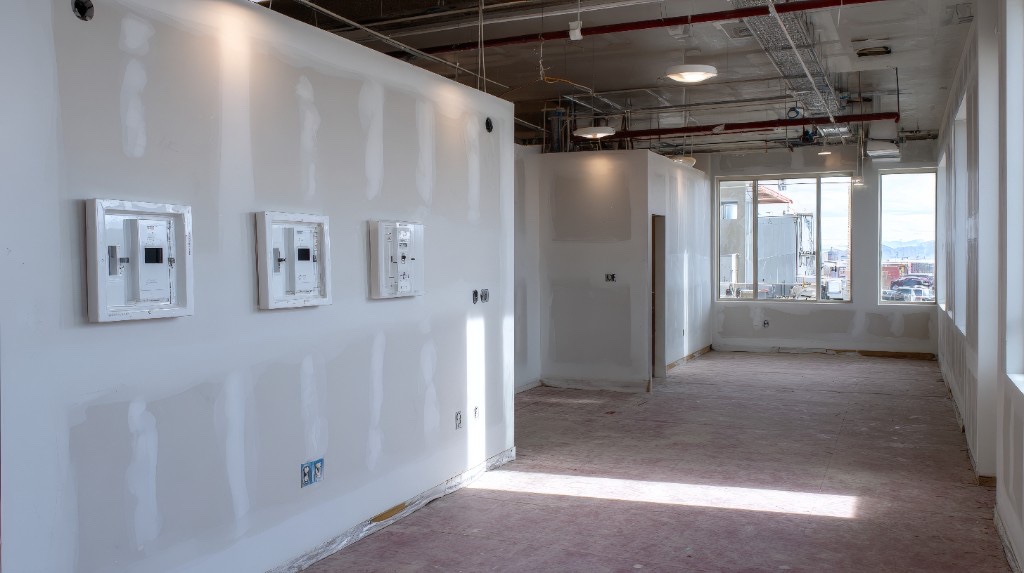 Commercial office under construction with taped drywall joints