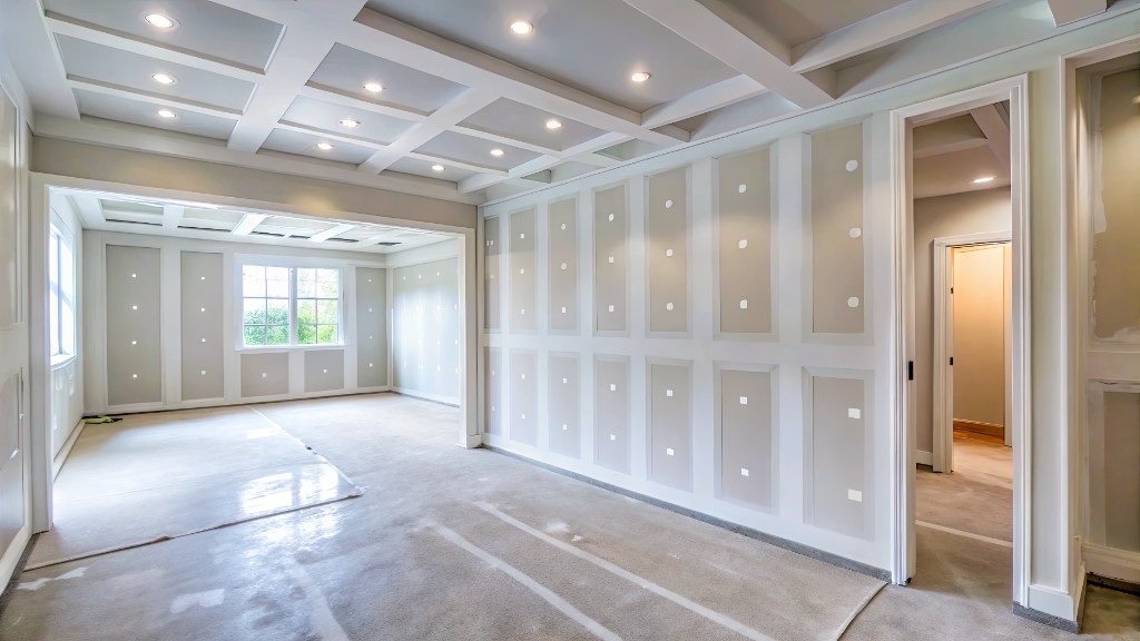 Residential interior with taped drywall panels and a coffered ceiling