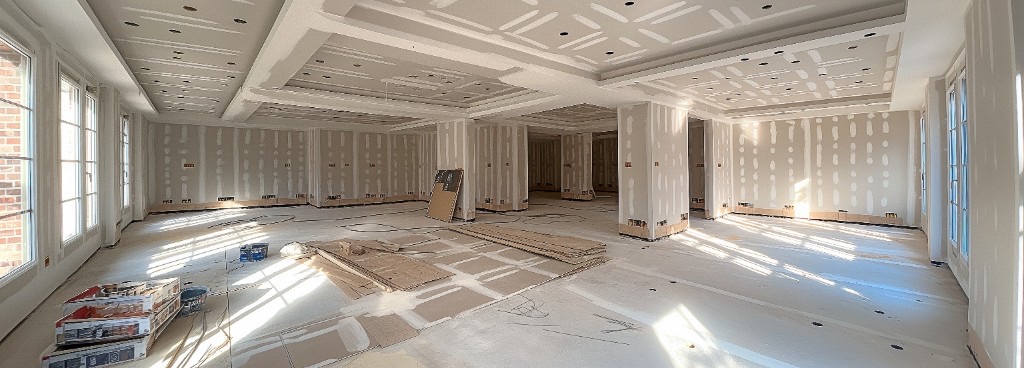Large residential room with taped drywall joints across the walls and ceiling