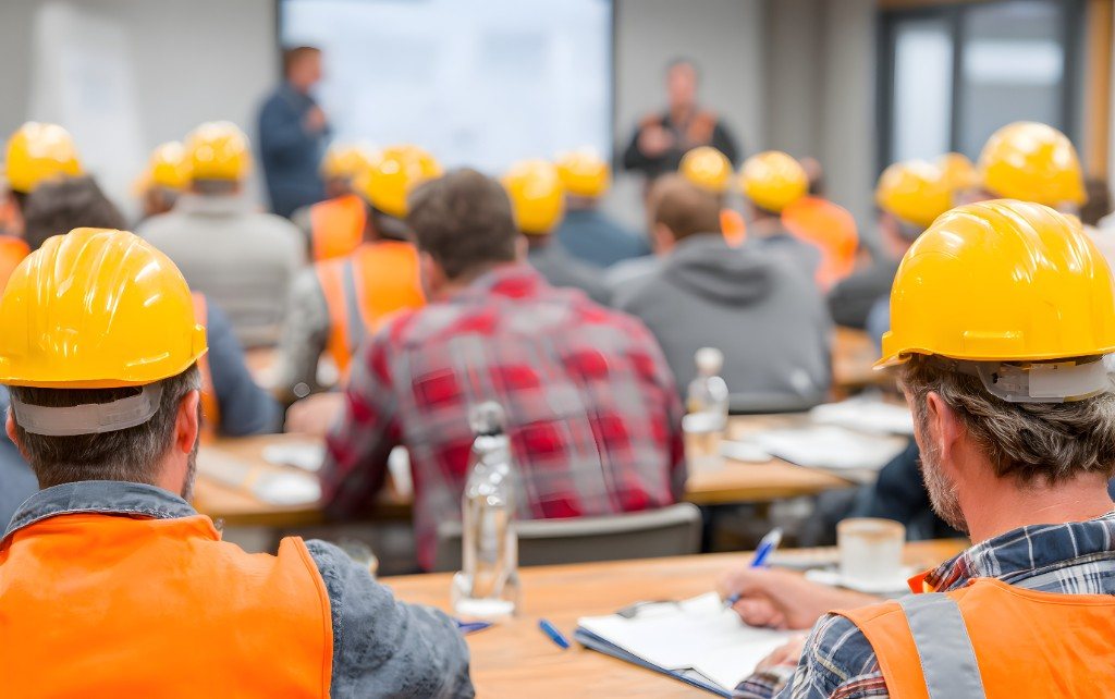 Construction crew in hard hats attending a classroom safety training session