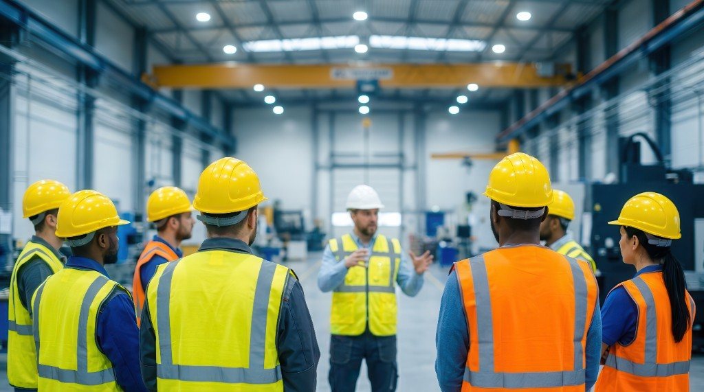 Crew in high-visibility vests gathered for a site safety briefing