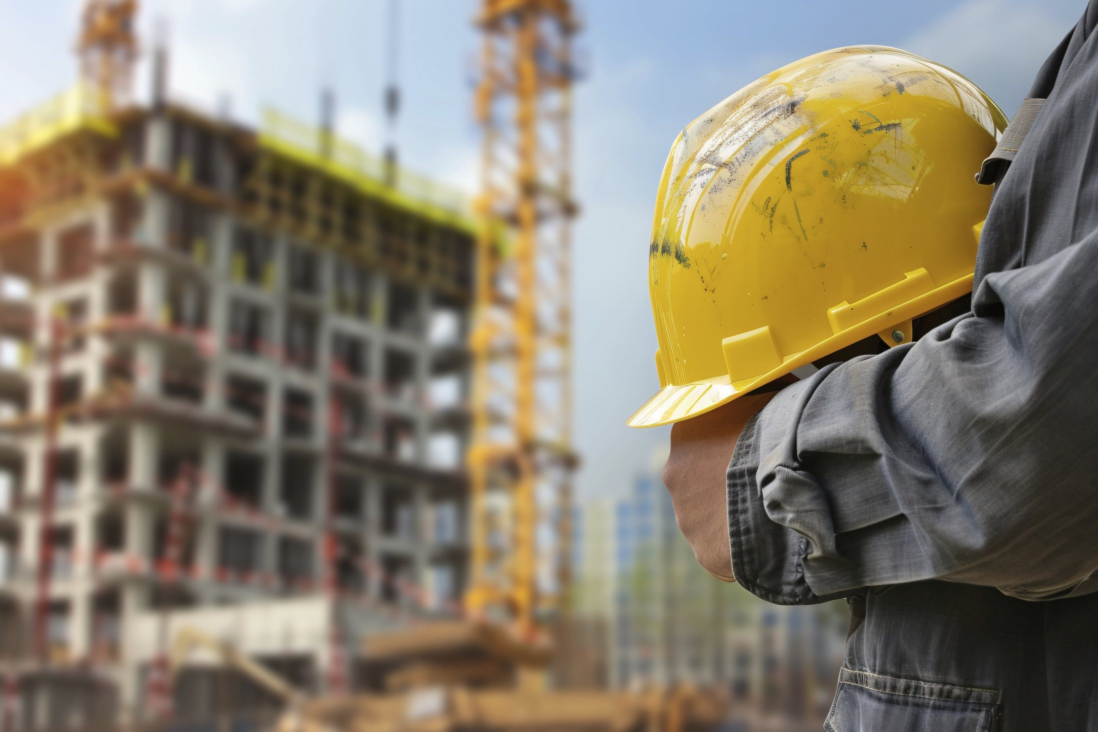Construction worker holding a yellow hard hat on a job site