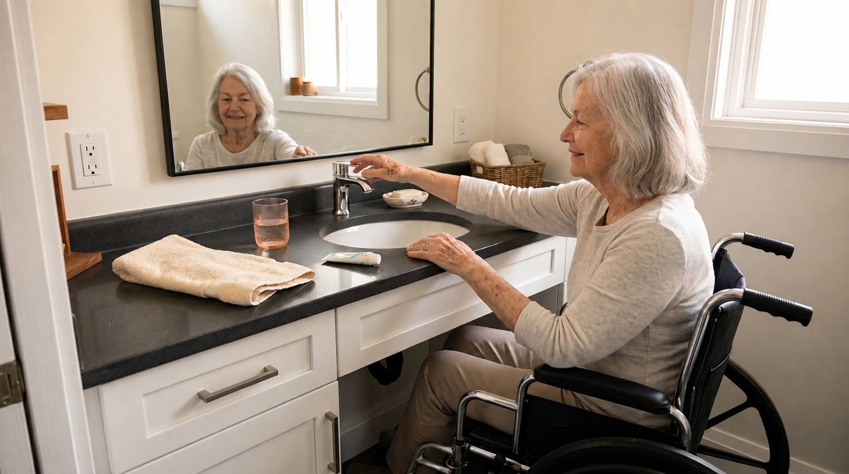 Wheelchair user at an accessible bathroom vanity